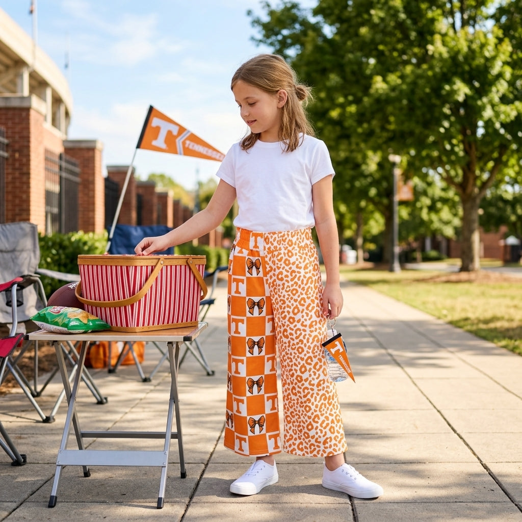 NO MOQ RTS P1121 Girl Clothes Orange Checkered Bow And Leopard Mixed Print Elastic Waist Wide Leg Cropped Pants 202610
