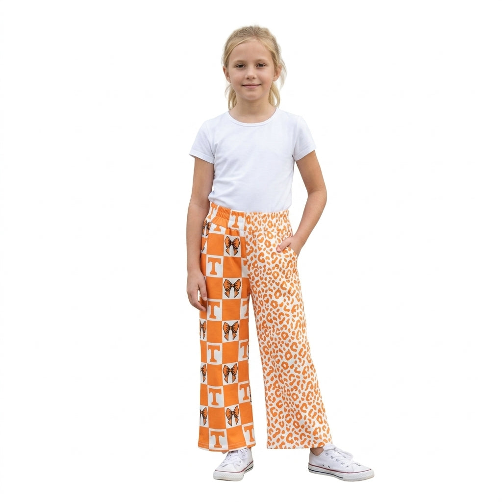 NO MOQ RTS P1121 Girl Clothes Orange Checkered Bow And Leopard Mixed Print Elastic Waist Wide Leg Cropped Pants 202610