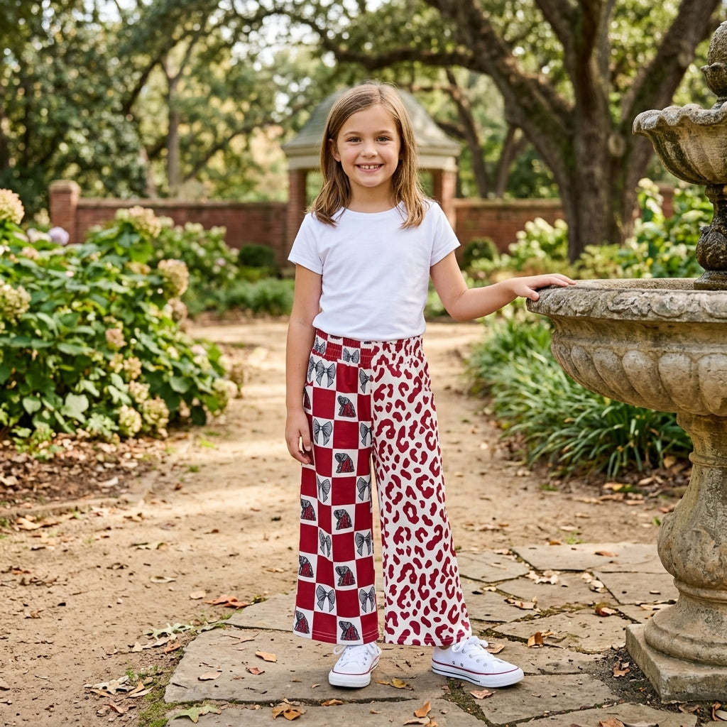 NO MOQ RTS P1123 (2) Kids Clothes Red Check Bow Elephant Letter Split Print Wide Leg Pants 202609