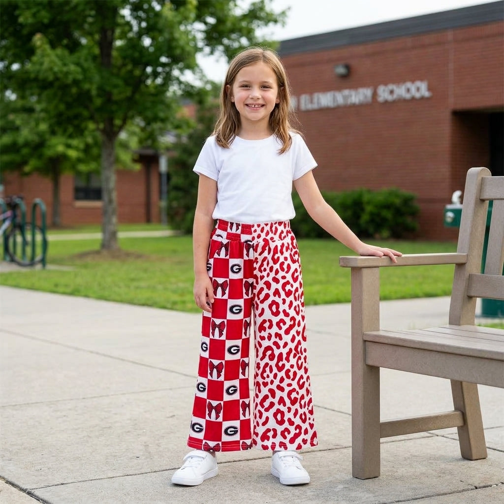NO MOQ RTS P1126 (2) Kids Clothes Red White Checkerboard Bow Split Red Leopard Wide Leg Pants 202609