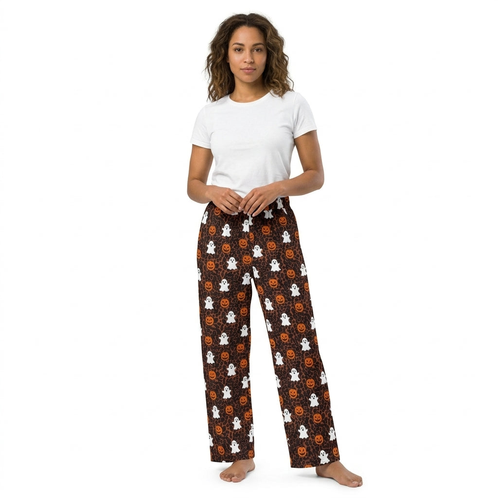 NO MOQ RTS P1131-women women Clothes Leopard Ghost Pumpkin Print Long Wide Leg Pant 202609