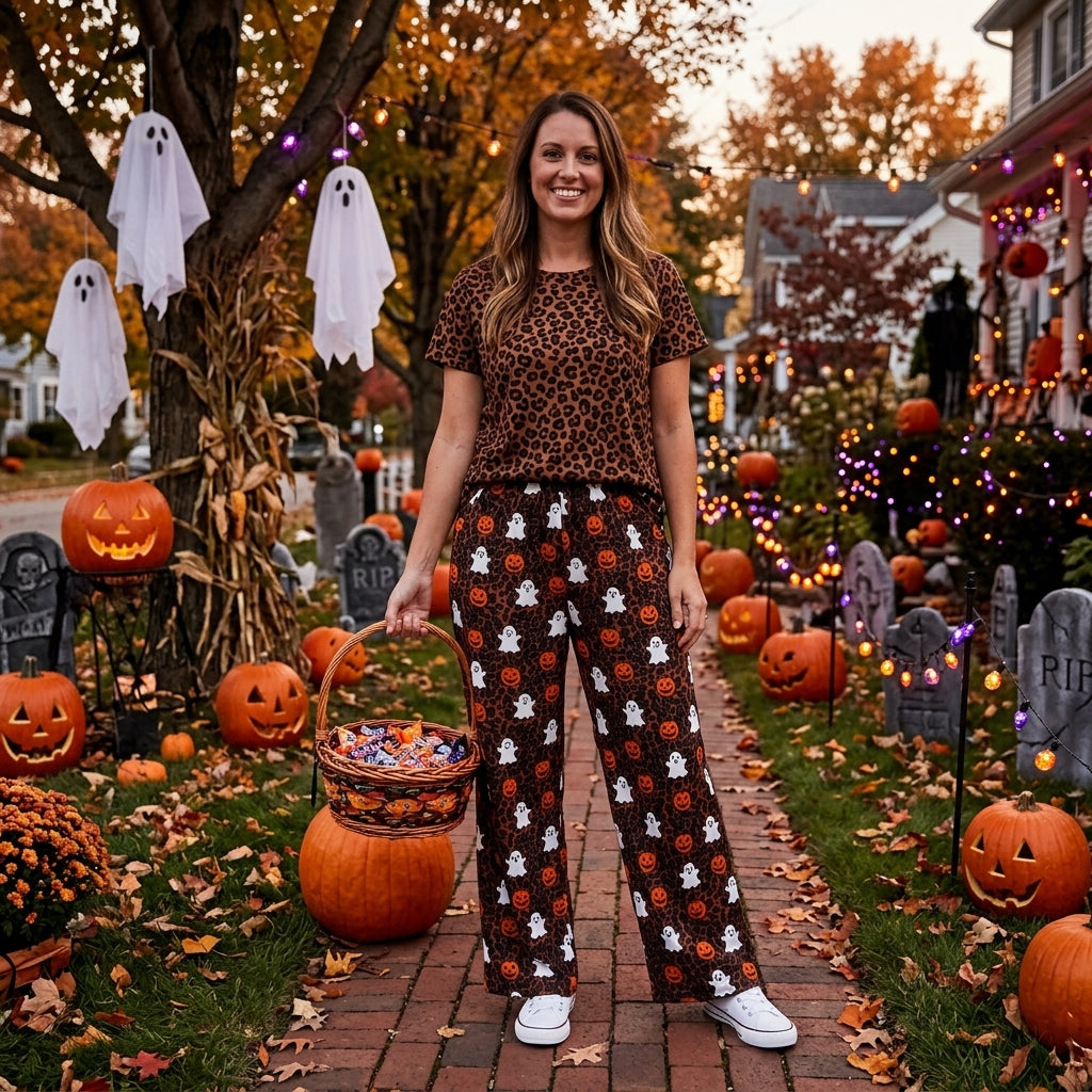 NO MOQ RTS P1131-women women Clothes Leopard Ghost Pumpkin Print Long Wide Leg Pant 202609