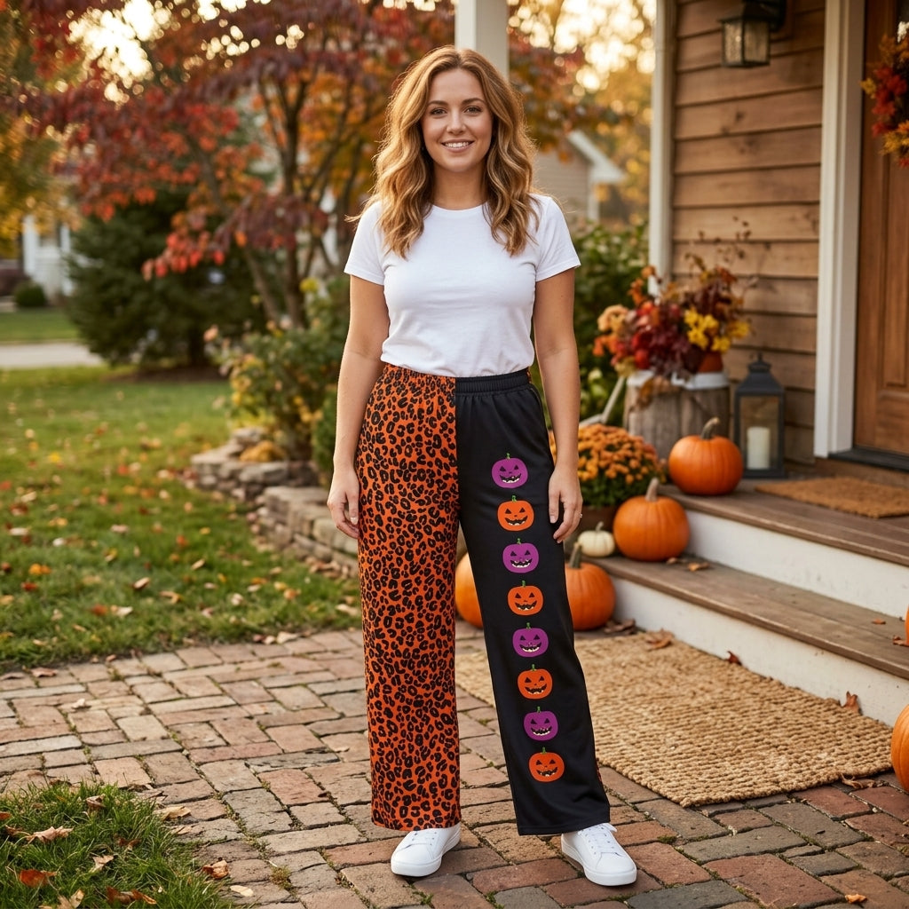 NO MOQ RTS P1132-women (2) Women Clothes Orange Leopard Pumpkin Face Split Print Long Pants 202609