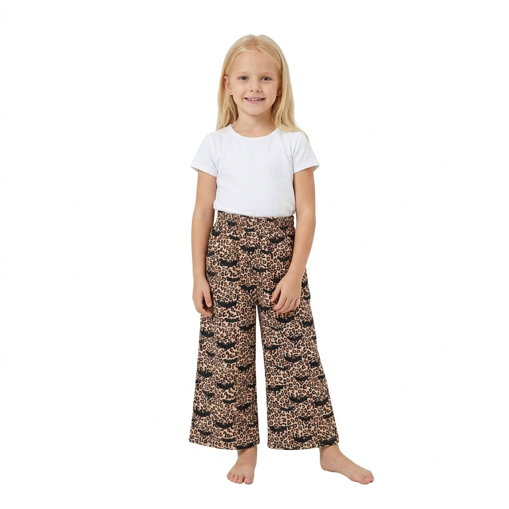 NO MOQ RTS P1133 (2) Baby Girl Clothes Leopard Bat Halloween Print Long Wide Leg Pant 202609