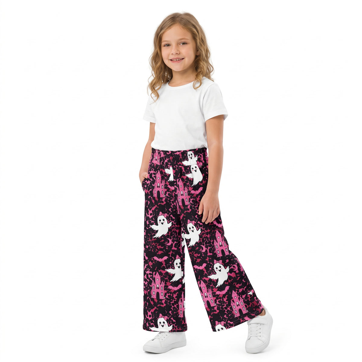 NO MOQ RTS P1134(2) Baby Girl Pink Leopard Ghost Haunted House Bat Print Wide Leg Pants 202609
