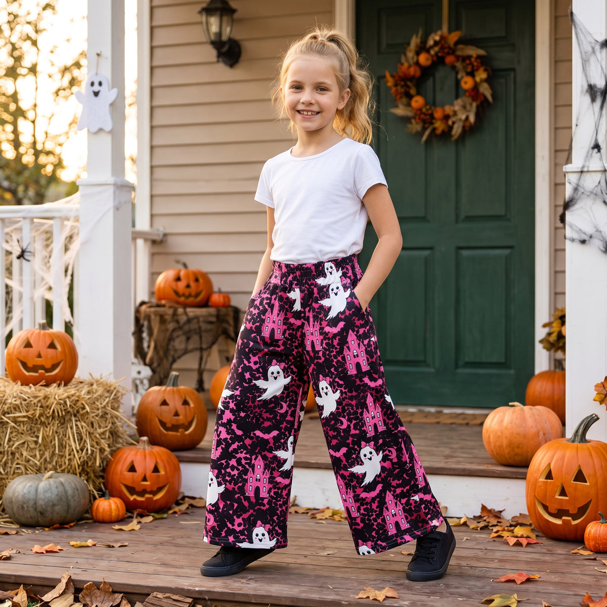 NO MOQ RTS P1134(2) Baby Girl Pink Leopard Ghost Haunted House Bat Print Wide Leg Pants 202609