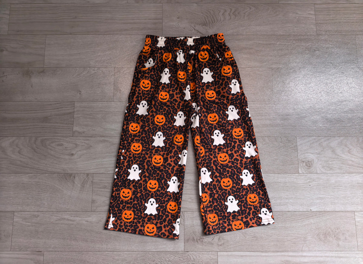 Sample-Real Pics P1135 Baby Girl Clothes Halloween Ghost Pumpkin Leopard Mixed Print Long Wide Leg Capri Pants