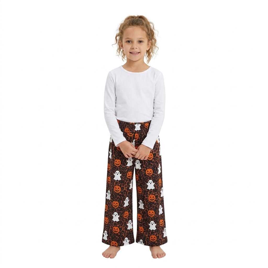 NO MOQ RTS P1135 Baby Girl Clothes Leopard Ghost Pumpkin Print Wide Leg Capri Pant 202609