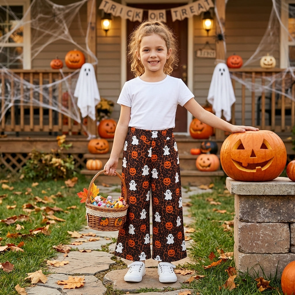 NO MOQ RTS P1135 Baby Girl Clothes Leopard Ghost Pumpkin Print Wide Leg Capri Pant 202609