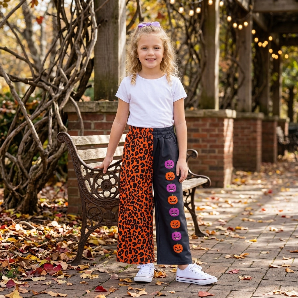NO MOQ RTS P1136 Kids Clothes Orange Leopard Pumpkin Face Split Print Wide Leg Pants 202609