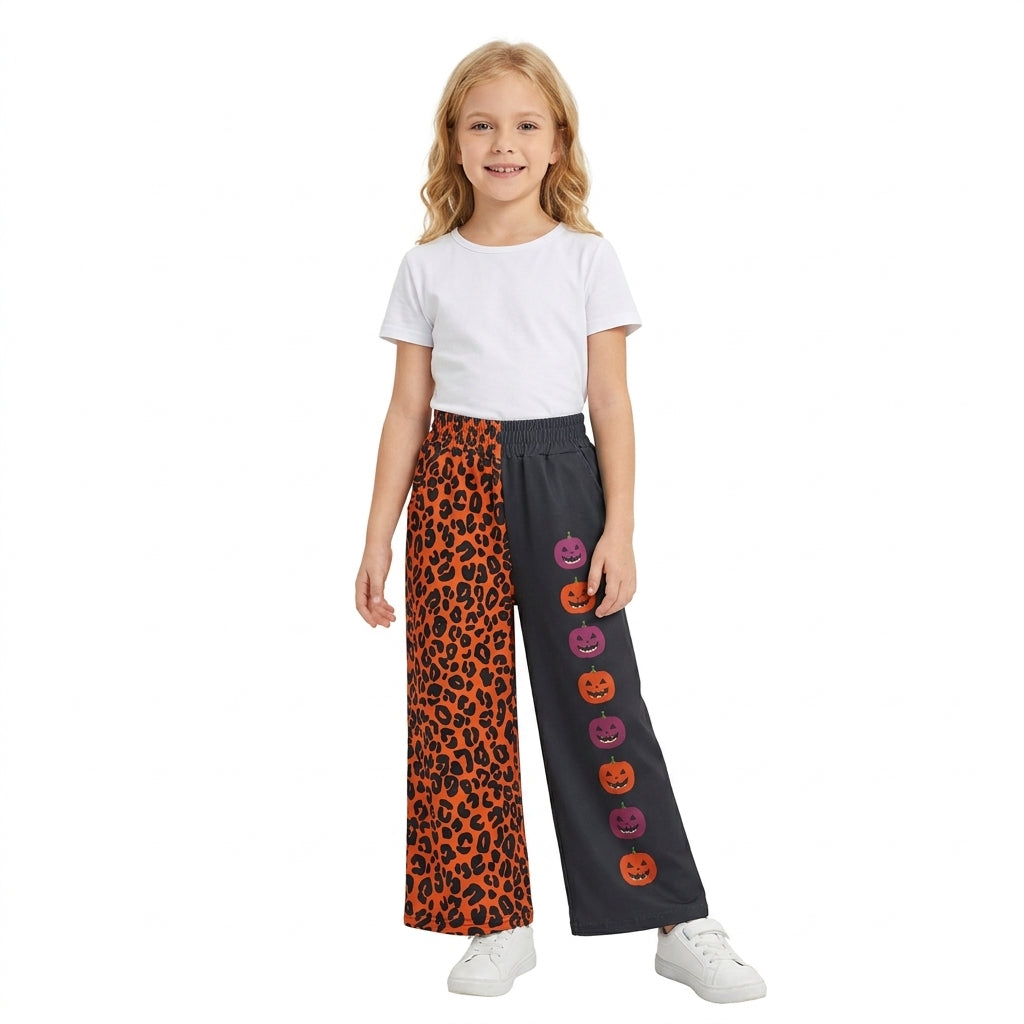 NO MOQ RTS P1136 Kids Clothes Orange Leopard Pumpkin Face Split Print Wide Leg Pants 202609