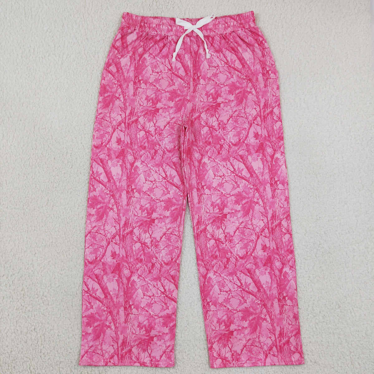 NO MOQ RTS P1138-women Clothes Pink Tree Camo Allover Print Elastic Waist Drawstring Wide Leg Pants 202610