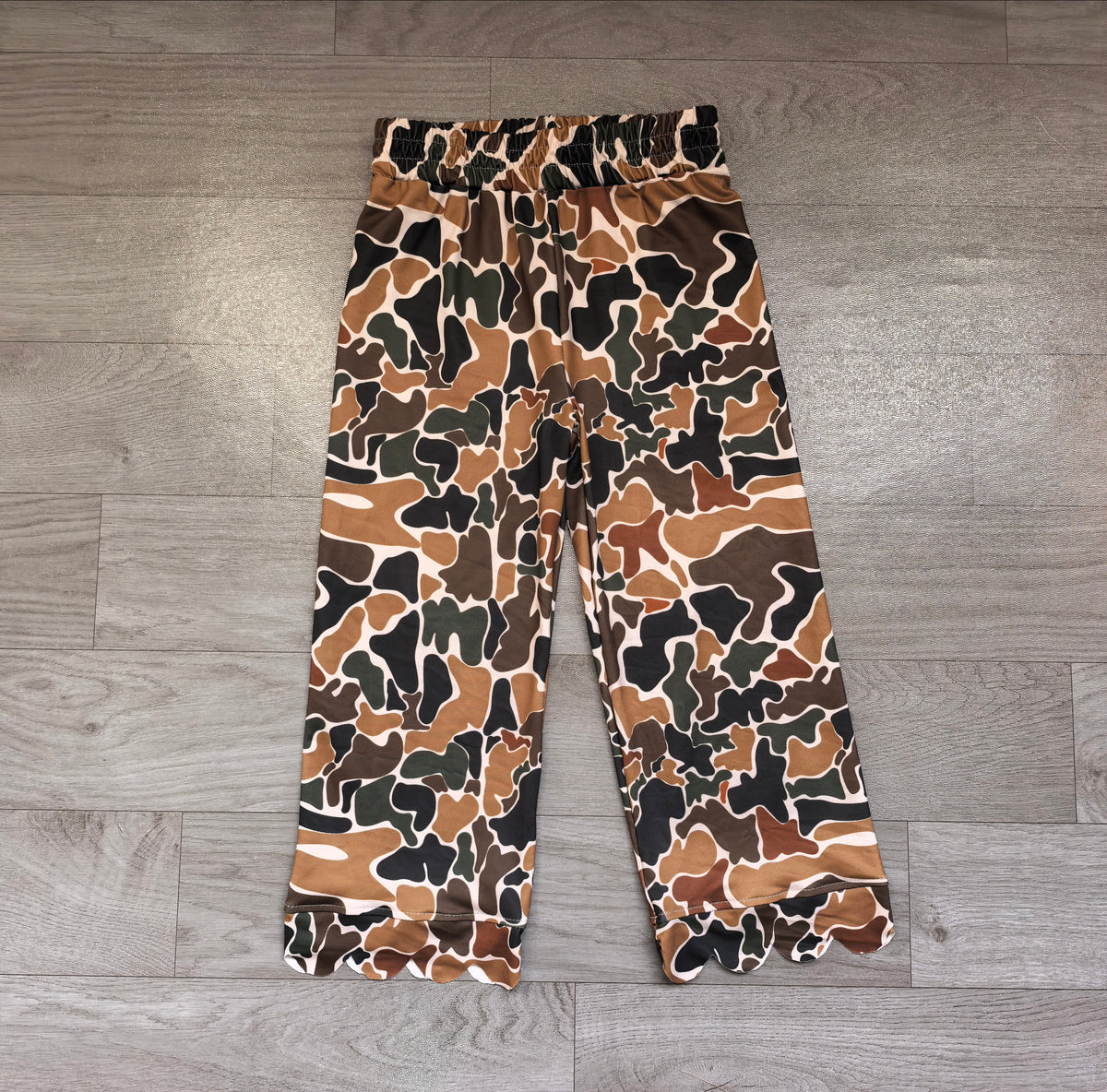 Sample-Real Pics P1145 Baby Girl Clothes Vintage Camo Allover Print Long Pants With Scalloped Hem