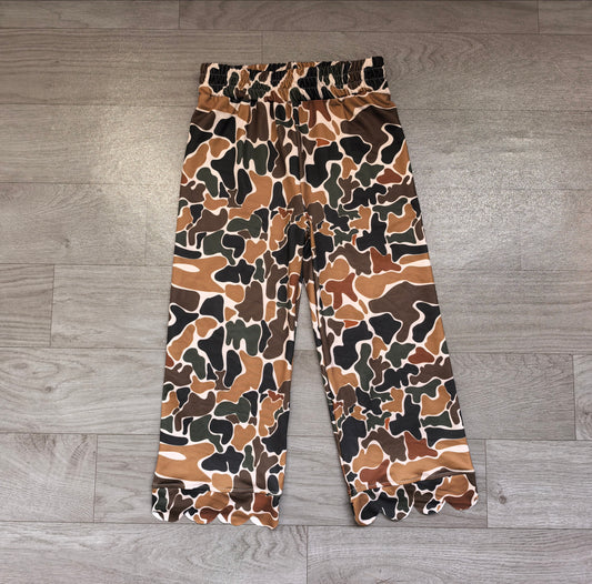 Sample-Real Pics P1145 Baby Girl Clothes Vintage Camo Allover Print Long Pants With Scalloped Hem