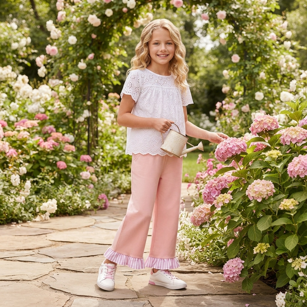 RTS NO MOQ P1151 Baby Girl Clothes Solid Light Pink Plain Print Long Ruffle Hem Pant