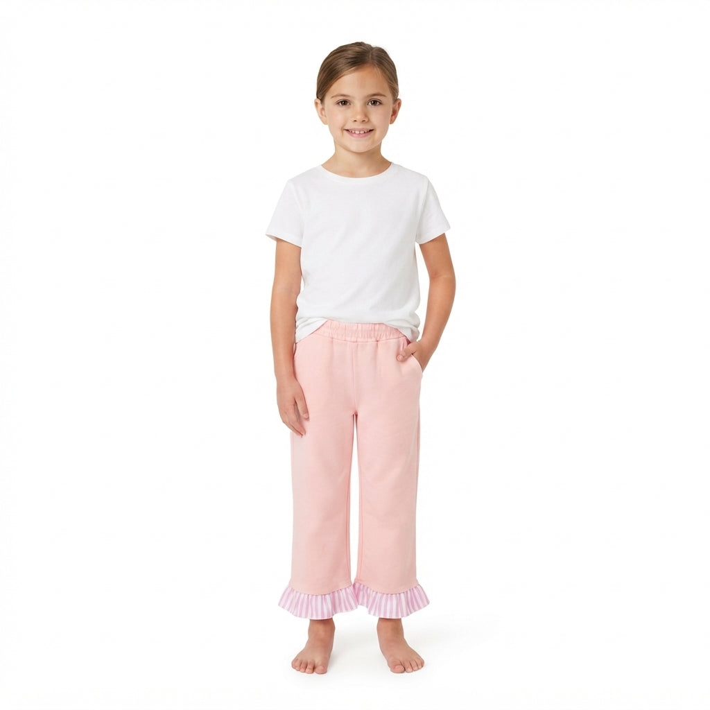 RTS NO MOQ P1151 Baby Girl Clothes Solid Light Pink Plain Print Long Ruffle Hem Pant