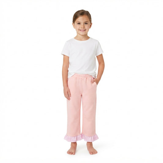 RTS NO MOQ P1151 Baby Girl Clothes Solid Light Pink Plain Print Long Ruffle Hem Pant