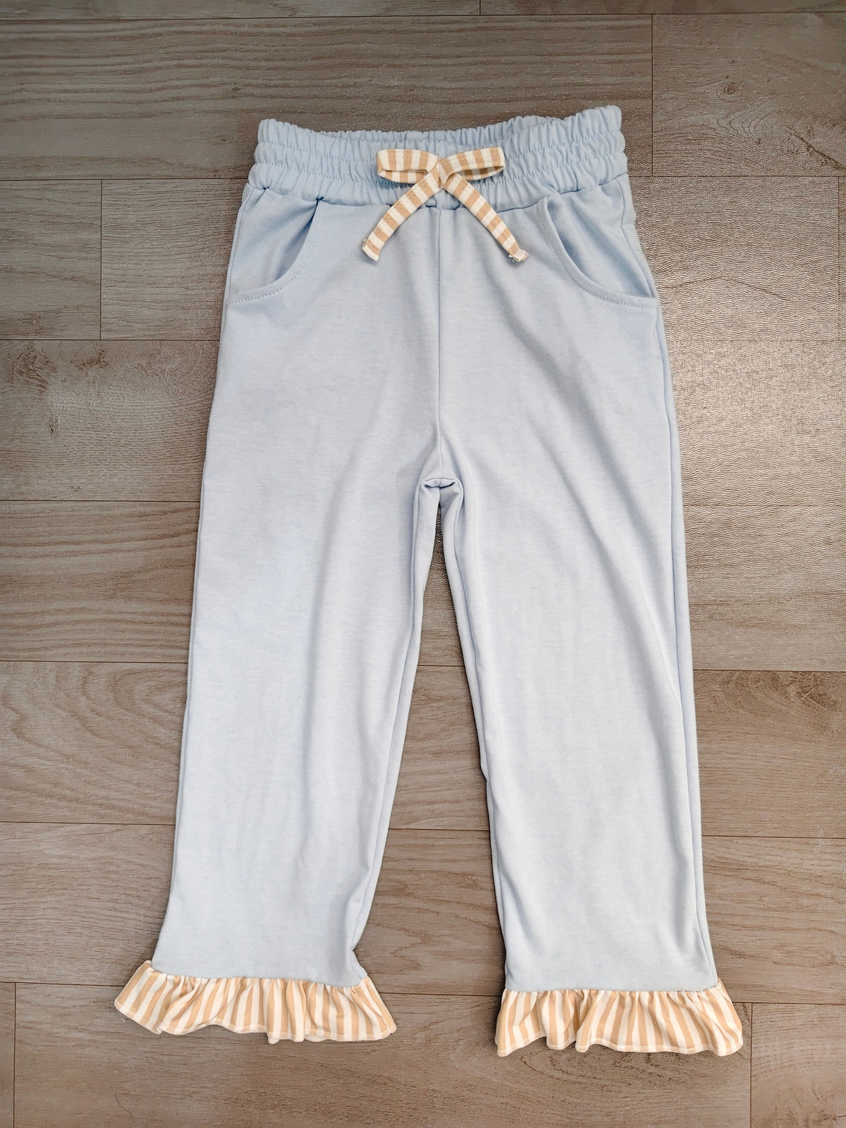 Sample-Real Pics P1152 Baby Girl Clothes Solid Light Blue Plain Print Long Ruffle Hem Pant