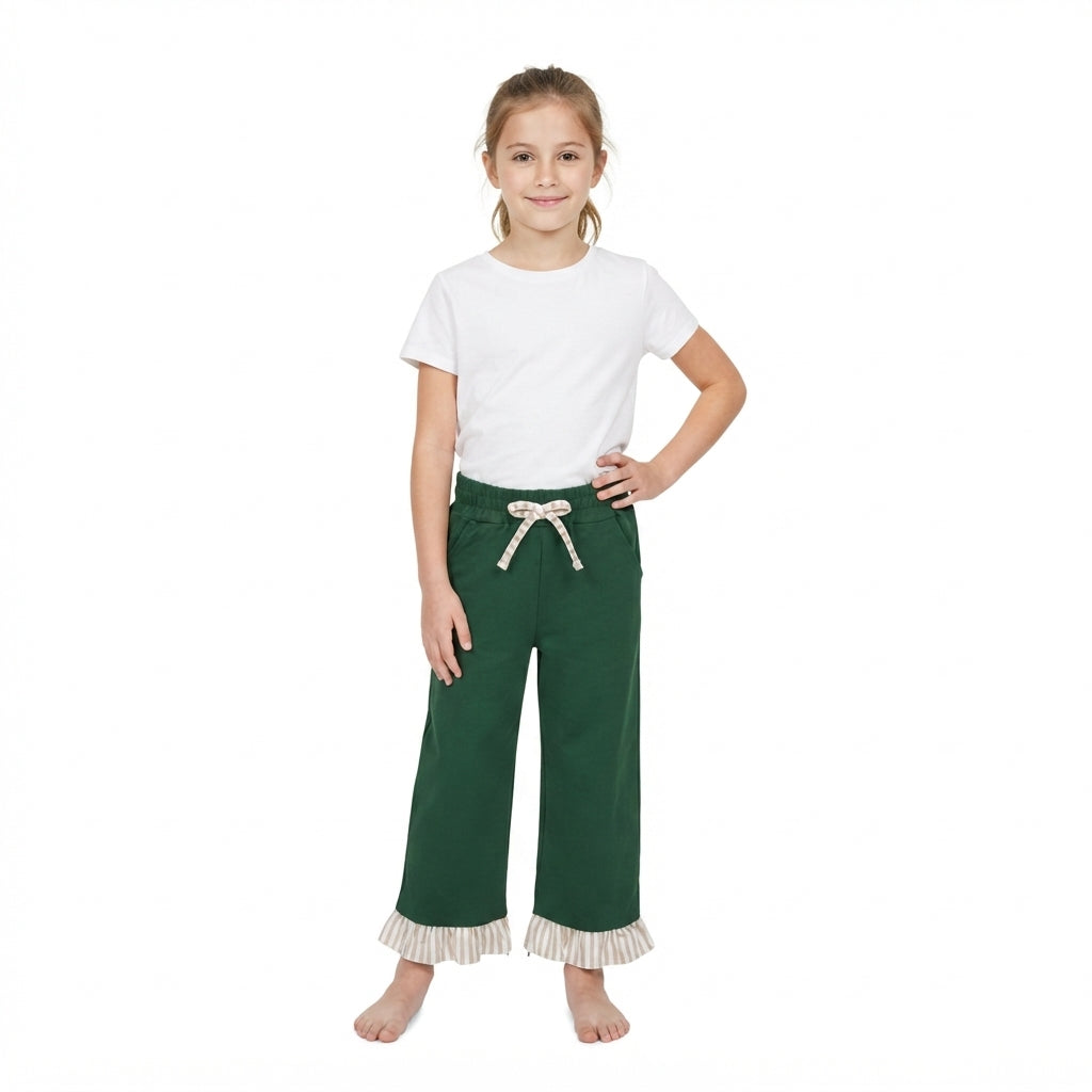 NO MOQ RTS P1154 (2) Baby Girl Clothes Solid Dark Green Stripe Ruffle Spliced Print Long Straight Pants 202609