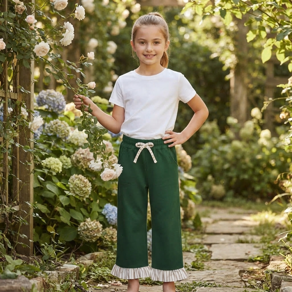 NO MOQ RTS P1154 (2) Baby Girl Clothes Solid Dark Green Stripe Ruffle Spliced Print Long Straight Pants 202609