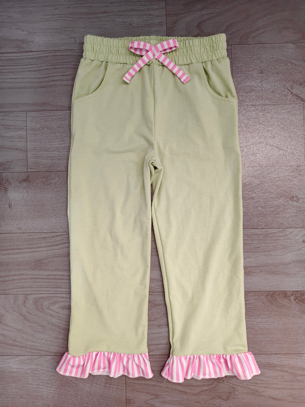 Sample-Real Pics P1156 Baby Girl Clothes Solid Sage Green Plain Print Long Ruffle Hem Pant