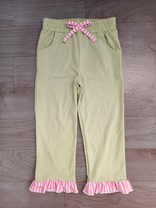 Sample-Real Pics P1156 Baby Girl Clothes Solid Sage Green Plain Print Long Ruffle Hem Pant