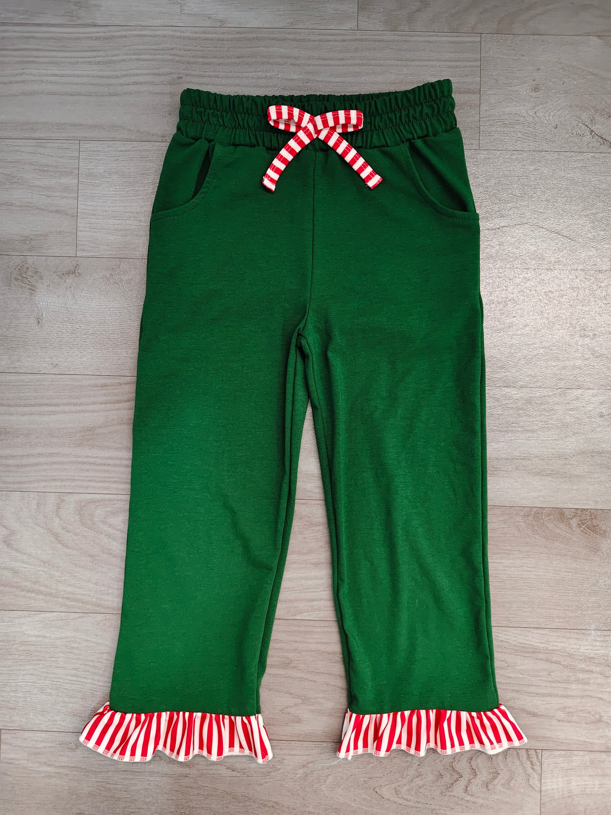 Sample-Real Pics P1158 Baby Girl Clothes Solid Dark Green Plain Print Long Ruffle Hem Pant