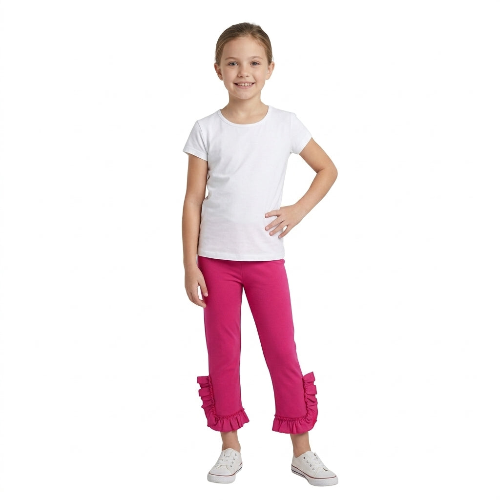 NO MOQ RTS P1161 Kids Girl Clothes Solid Hot Pink Side Ruffle Flare Pants 202610