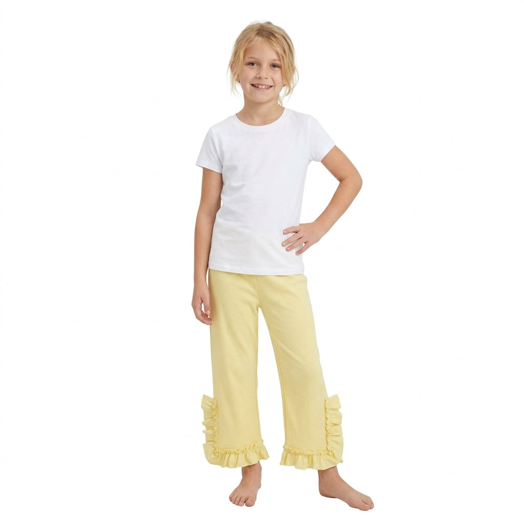 NO MOQ RTS P1163 Baby Girl Clothes Solid Yellow Plain Print Short Sleeve Ruffle Flare Pants 202610
