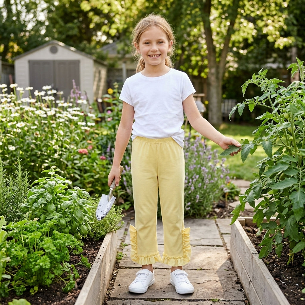 NO MOQ RTS P1163 Baby Girl Clothes Solid Yellow Plain Print Short Sleeve Ruffle Flare Pants 202610