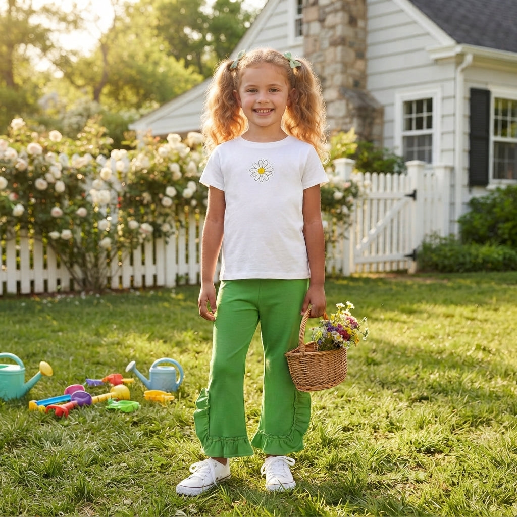 NO MOQ RTS P1165 (2) Baby Girl Clothes Solid Green Plain Print Long Ruffle Flare Pants 202609