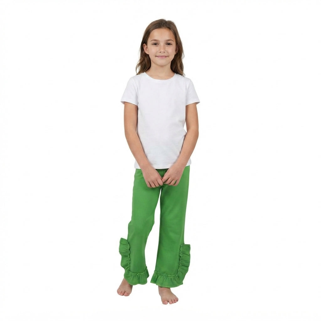 NO MOQ RTS P1165 (2) Baby Girl Clothes Solid Green Plain Print Long Ruffle Flare Pants 202609