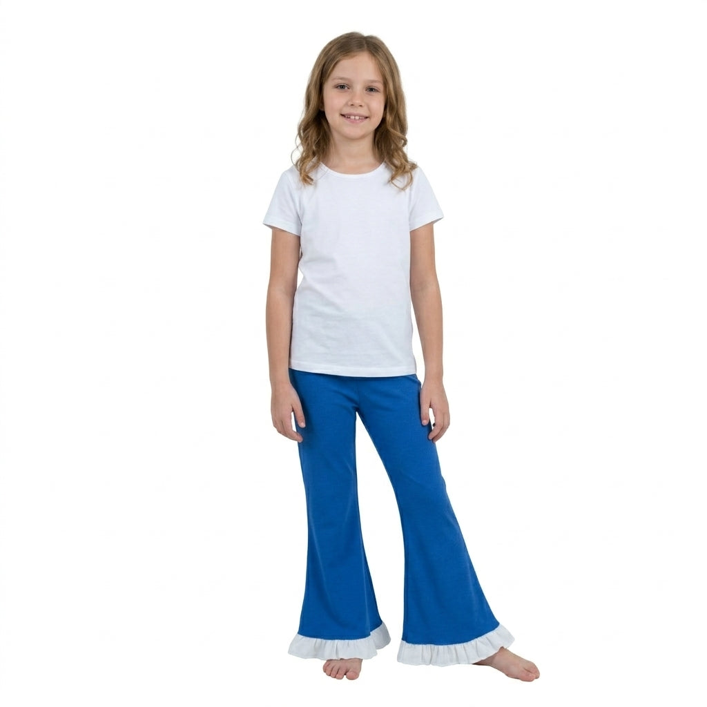 NO MOQ RTS P1170 Baby Girl Clothes Solid Blue White Ruffle Trim Long Flare Pants 202610