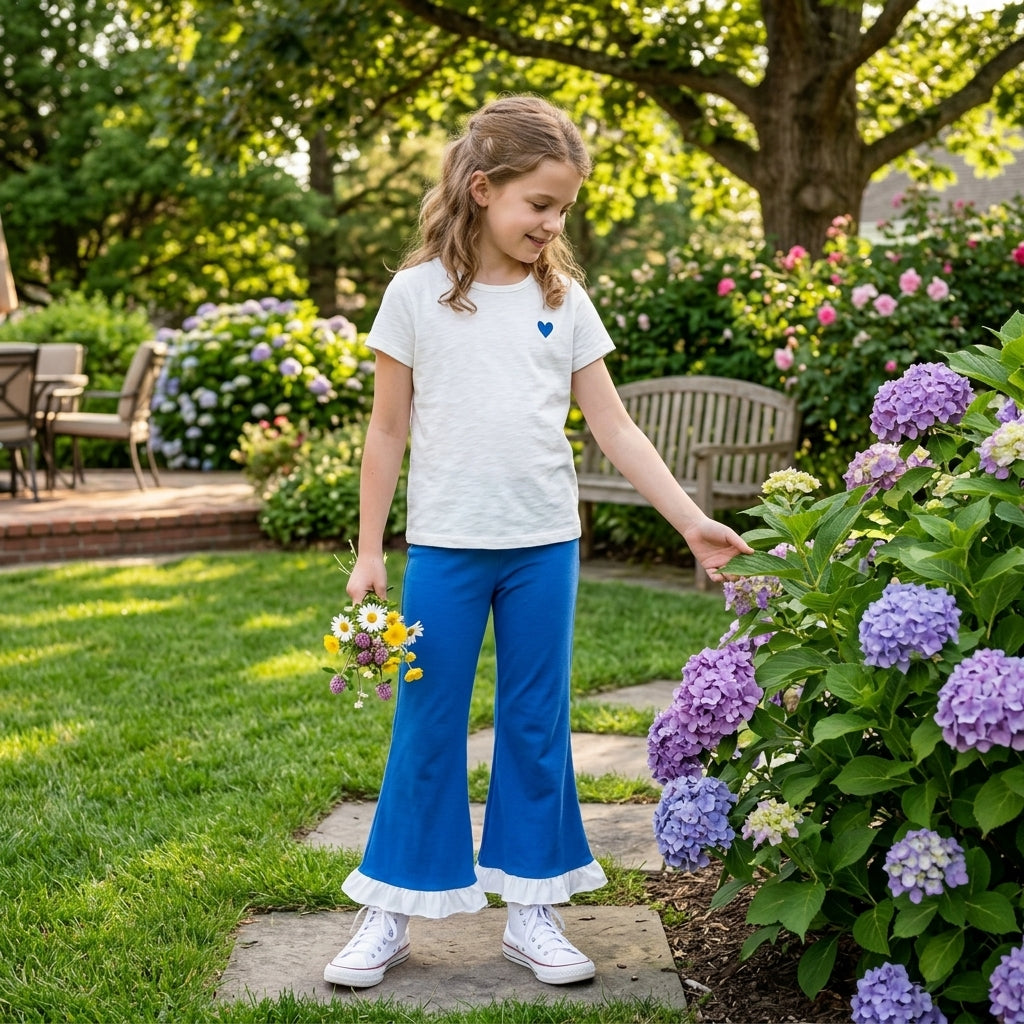 NO MOQ RTS P1170 Baby Girl Clothes Solid Blue White Ruffle Trim Long Flare Pants 202610