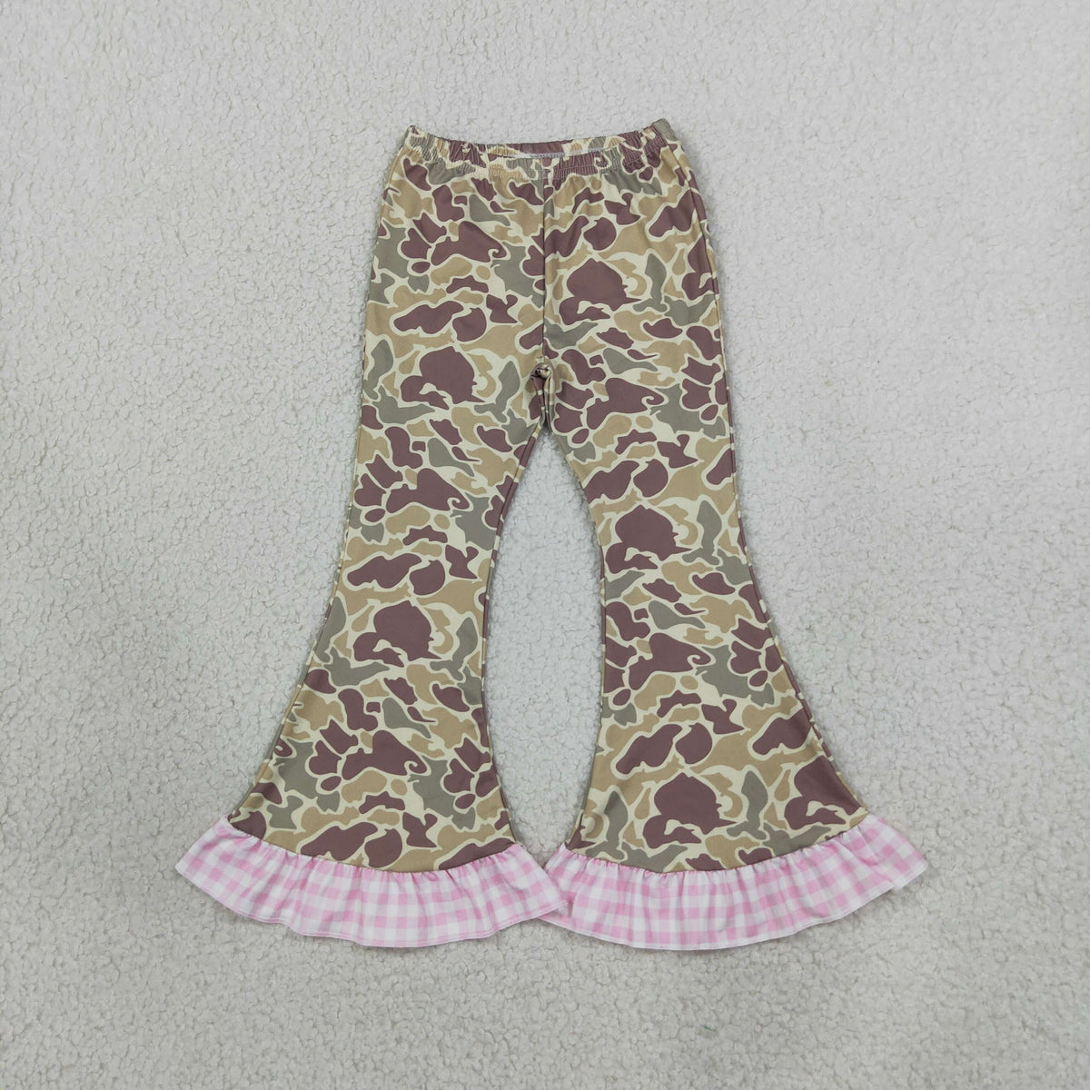 NO MOQ RTS P1183 Baby Girl Clothes Retro Camo Allover Print Pink Gingham Ruffle Flare Pants 202609