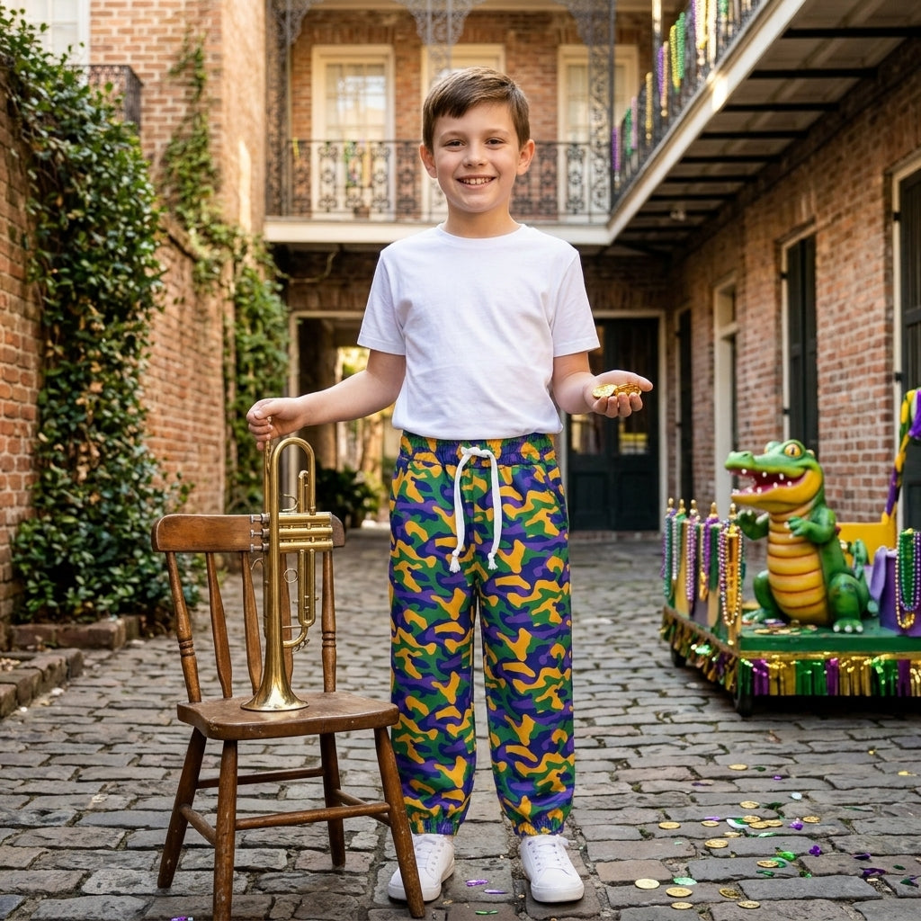 NO MOQ RTS P1248 Baby Boy Clothes Mardi Gras Camo Print Jogger Pants 202610