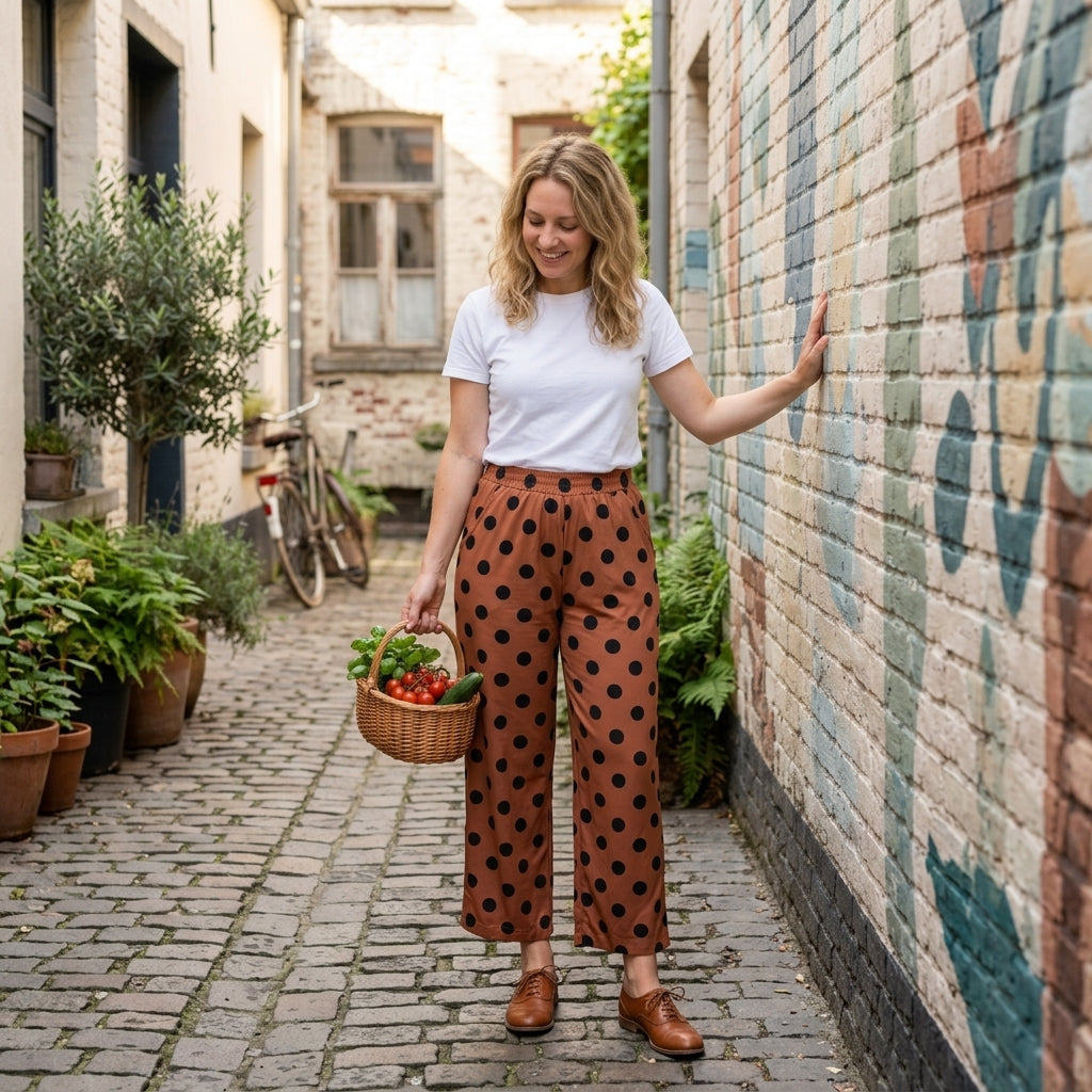 NO MOQ RTS P1250 Women Clothes Brown Black Polka Dot Print Straight Long Pants 202610