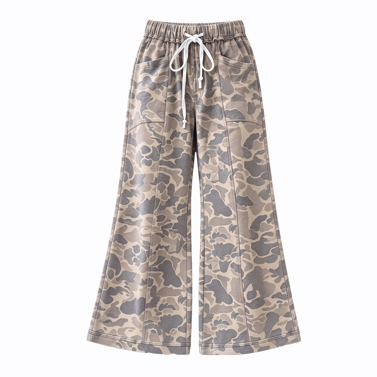 Preorder (moq 5) P1261 Women Clothes Neutral Camo Allover Print Elastic Waist Drawstring Wide Flare Pants