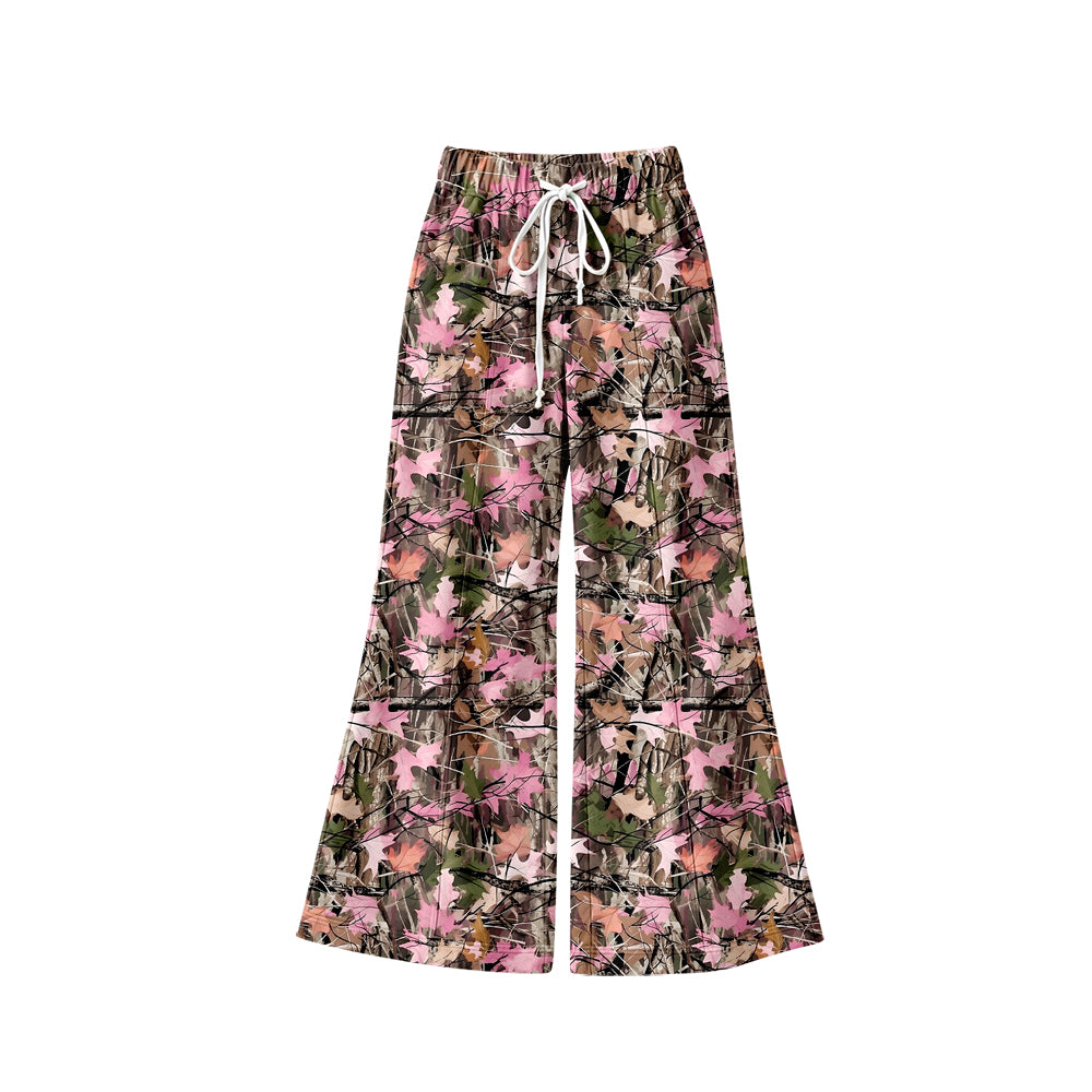 Preorder (moq 5) P1265 Baby Girl Clothes Pink Maple Leaf Camo Mixed Print Long Sleeve Flare Bell Bottom Pants