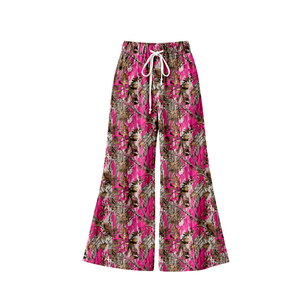 Preorder (moq 5) P1266 Baby Girl Clothes Hot Pink Tree Bark Camo Mixed Print Long Sleeve Flare Bell Bottom Pants