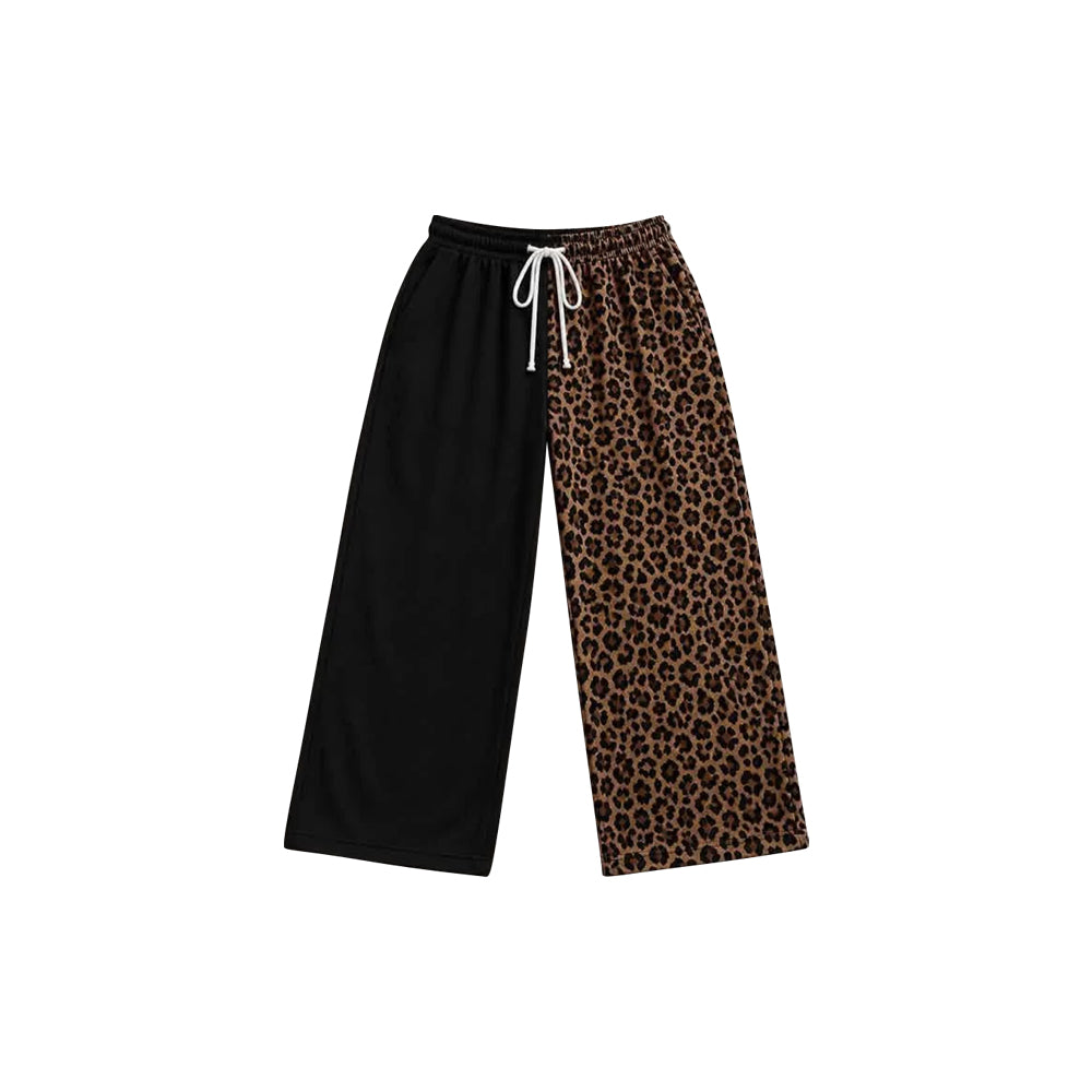Preorder (moq 5) P1267 Baby Girl Clothes Black Leopard Splicing Print Long Sleeve Wide Leg Pants