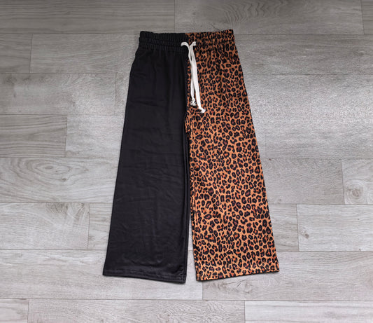 Sample-Real Pics P1267 Baby Girl Clothes Black And Leopard Spliced Print Long Sleeve Wide Leg Pants