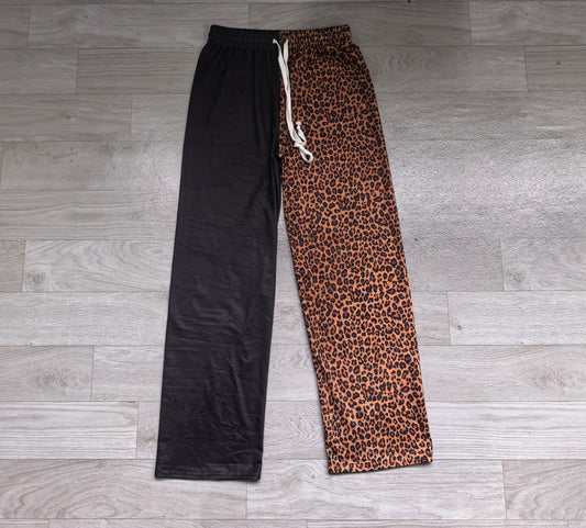 Sample-Real Pics P1268 Baby Girl Clothes Black And Leopard Spliced Print Long Sleeve Wide Leg Pants