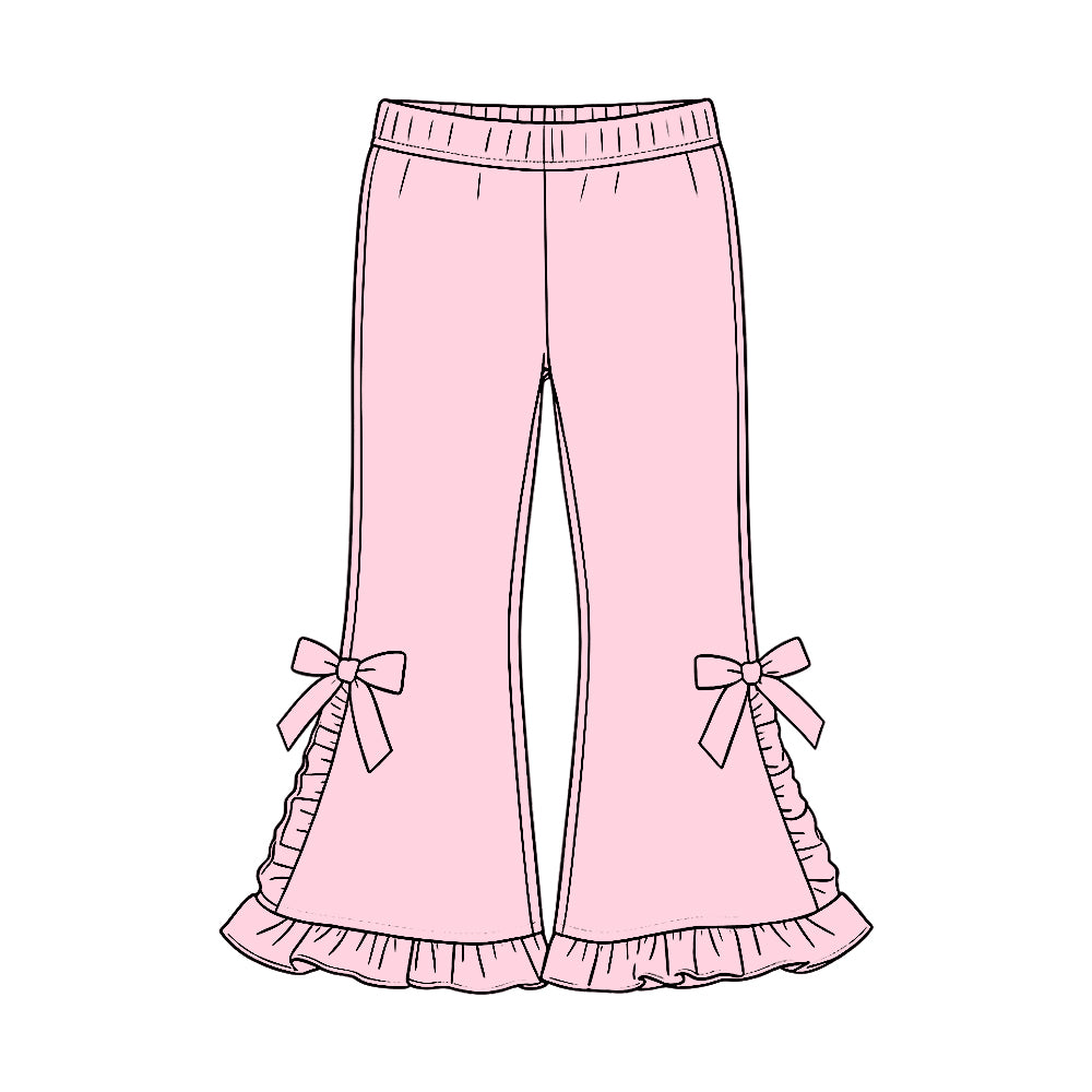 Preorder (moq 5) P1271 Baby Girl Clothes Solid Light Pink Bow Ruffle Long Sleeve Flare Pants