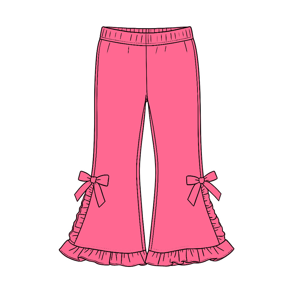 Preorder (moq 5) P1273 Baby Girl Clothes Solid Hot Pink Bow Ruffle Long Sleeve Flare Pants