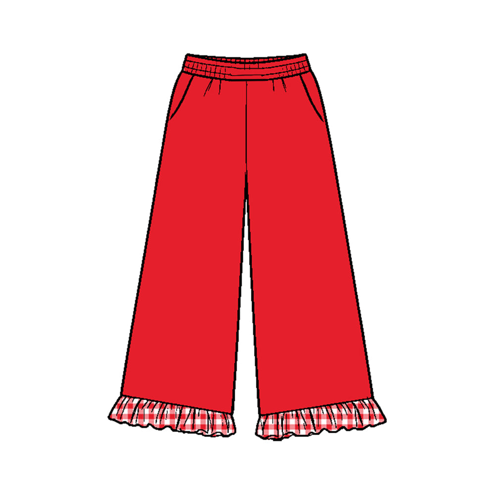 Preorder (moq 5) P1290 Baby Girl Clothes Solid Red Ruffle Trim Wide Leg Pants