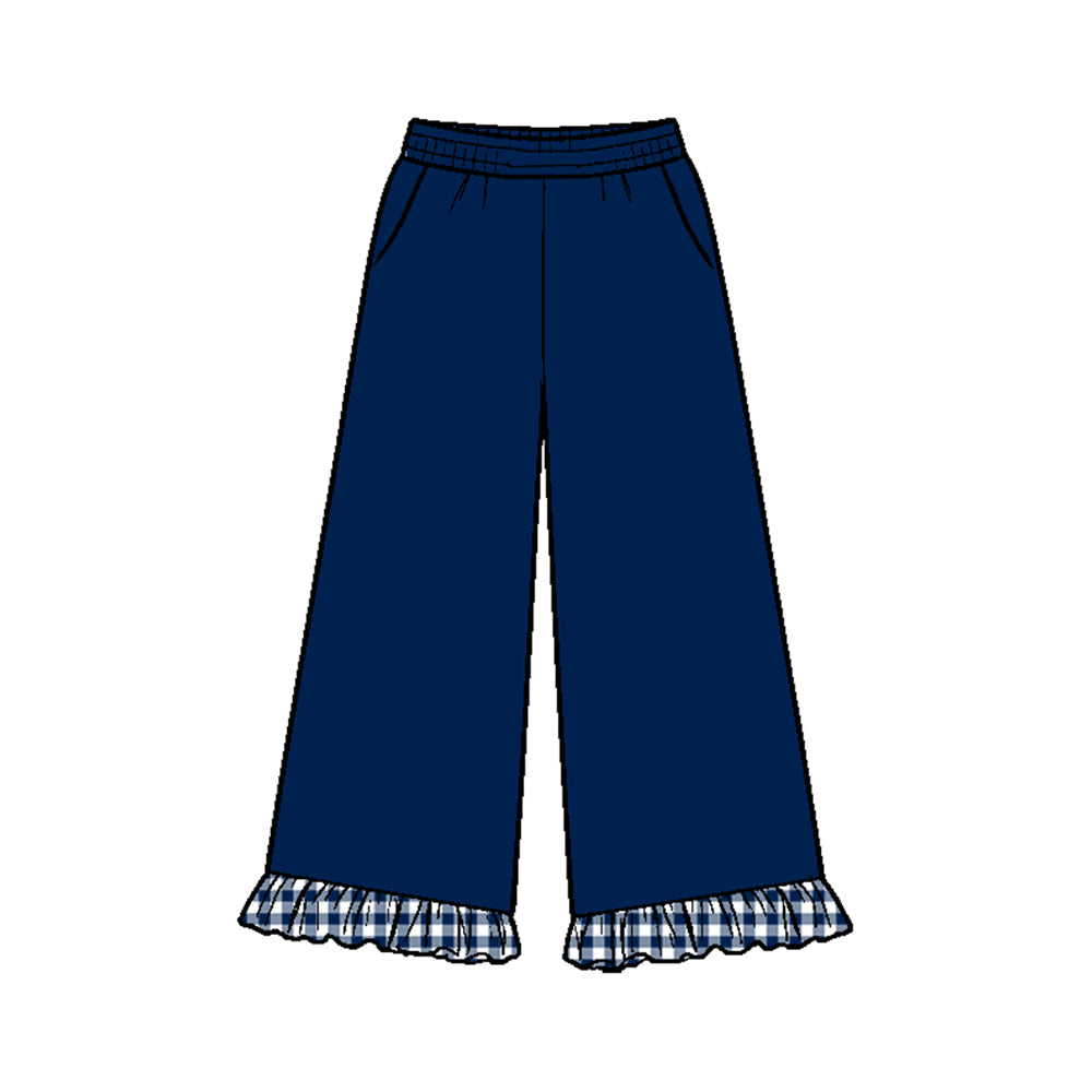 Preorder (moq 5) P1291 Baby Girl Clothes Solid Navy Ruffle Trim Wide Leg Pants