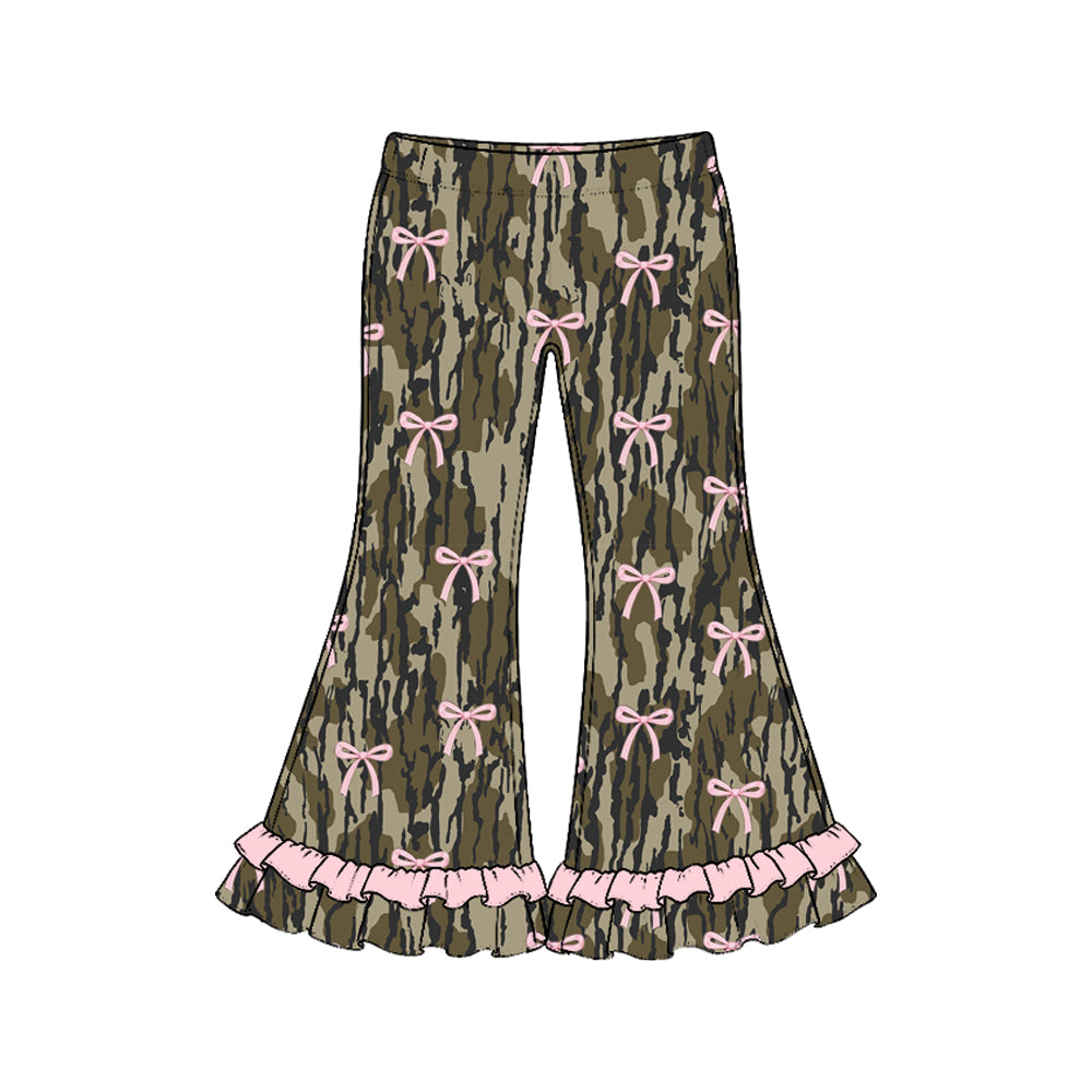 Preorder (moq 5) P1293 Baby Girl Clothes Camo Pink Bow Mixed Print Long Sleeve Ruffle Flare Pant