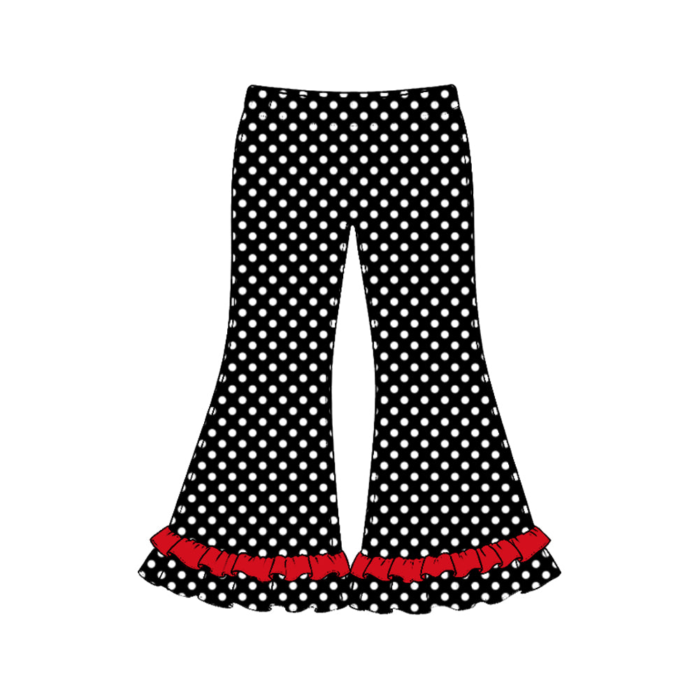 Preorder (moq 5) P1294 Baby Girl Clothes Black Checker Mixed Print Long Sleeve Red Ruffle Flare Pant