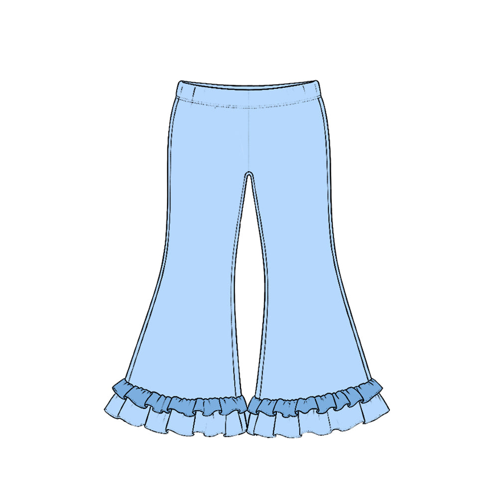 Preorder (moq 5) P1300 Baby Girl Clothes Solid Light Blue Plain Print Long Sleeve Ruffle Flare Pants